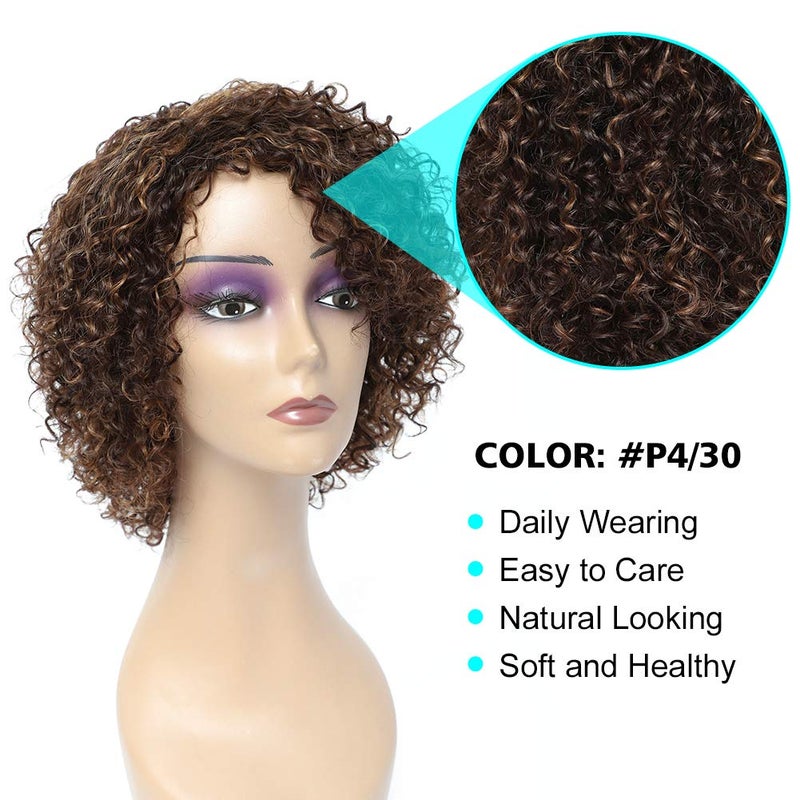 HUA Kinky Curly Short Wigs for Black Women Human Hair Chocolate Brown Mix Medium Auburn Curly Human Hair Wigs for Black Women Glueless 4/30 Color Short Wigs for Women - Image 4